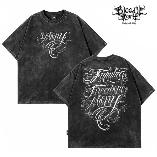 American hip-hop Chicano floral font short sleeved T-shirt for men, loose and heavy cotton, trendy brand, street tattoo print
