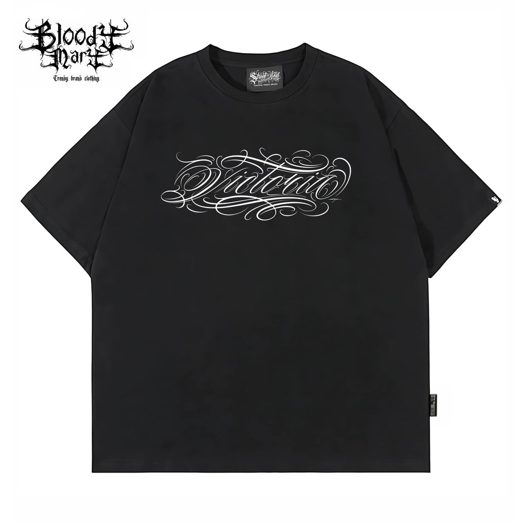 American West Coast Chicano Hip Hop Style Black Short Sleeve Round Neck T-shirt Loose Printed Top Trendy Brand Couple Style