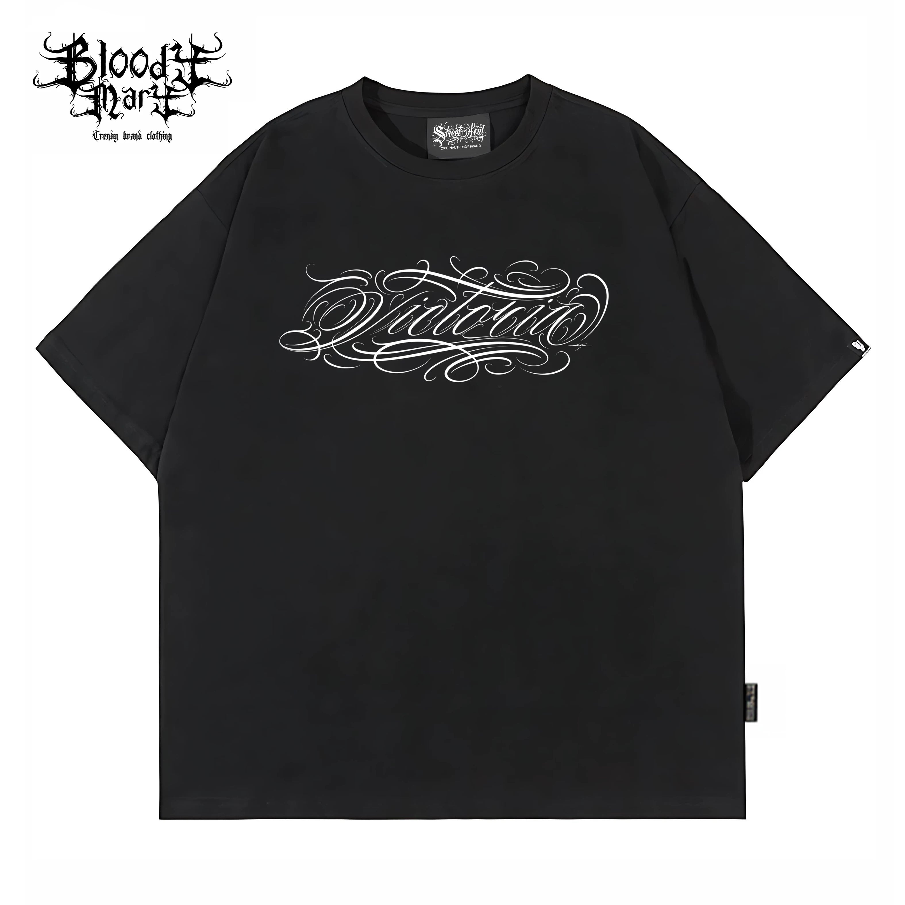 American West Coast Chicano Hip Hop Style Black Short Sleeve Round Neck T-shirt Loose Printed Top Trendy Brand Couple Style