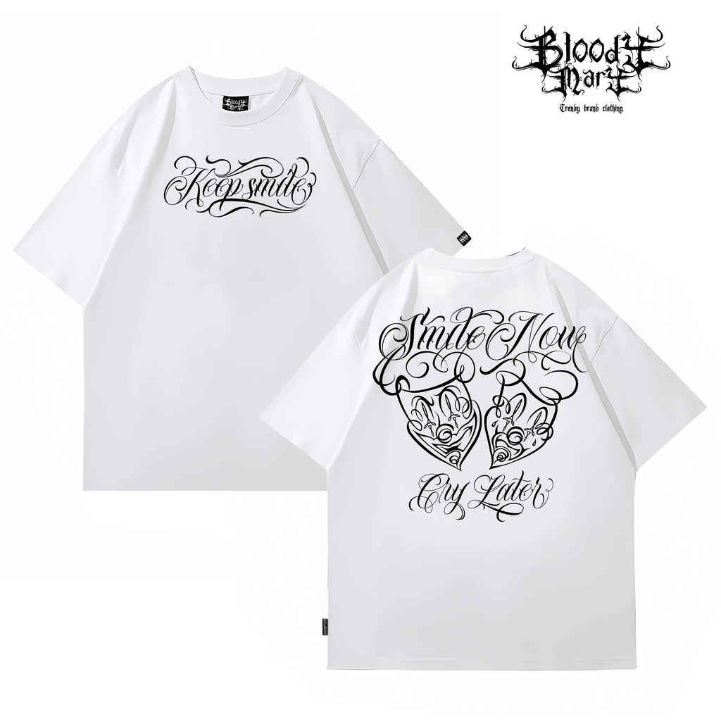 Round neck trendy brand American street flower font short sleeved men's and women's loose cotton heavyweight niche hip-hop clown T-shirt
