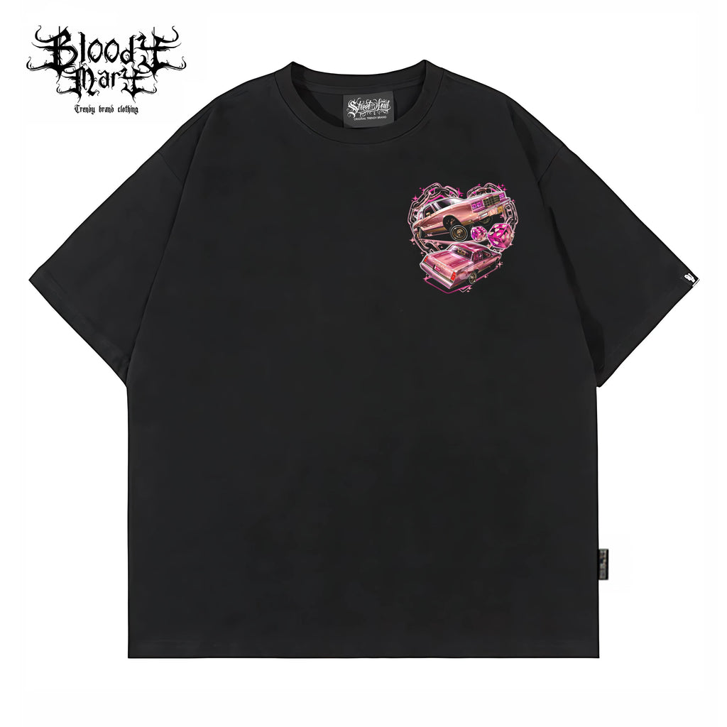 American style graffiti style Chicano car printed short sleeved T-shirt for men and women, loose black heavyweight pure cotton top