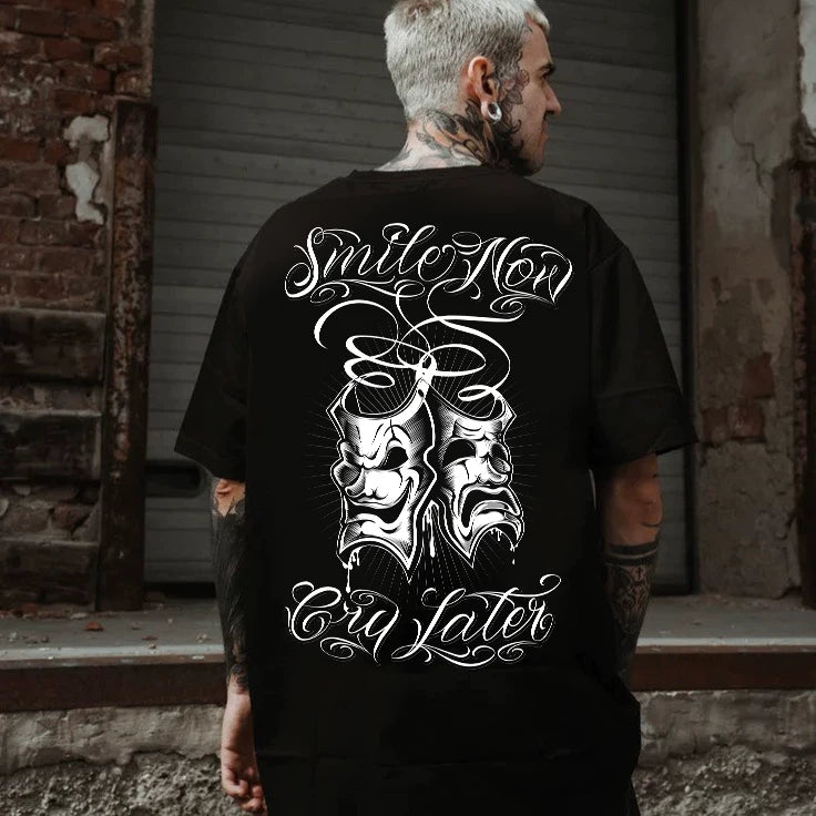 Tattoo Chicano Flower Font Original HIPHOP Hip Hop English Mask Crying Smile American Heavy Weight Loose T-shirt