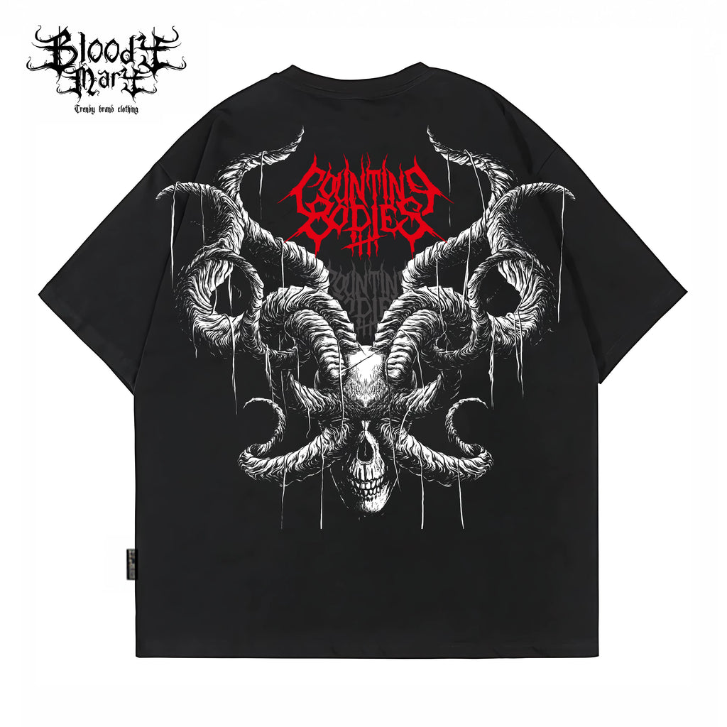 Dark American hip-hop style, dark skull print, round neck short sleeved T-shirt for men and women, loose and heavy weight, pure cotton rock