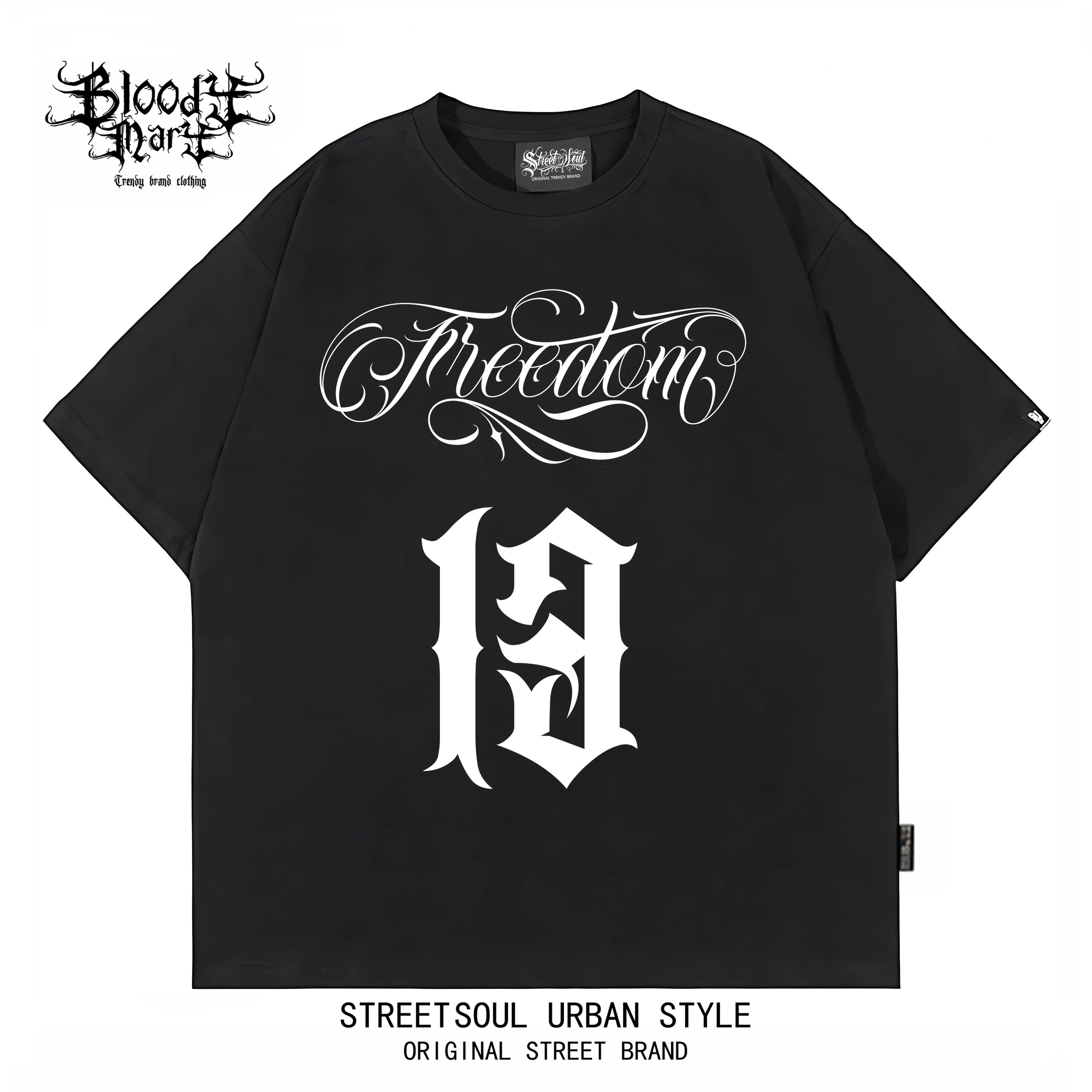 Street casual style black short sleeved T-shirt men's Chicano print loose cotton round neck floral font bandit top