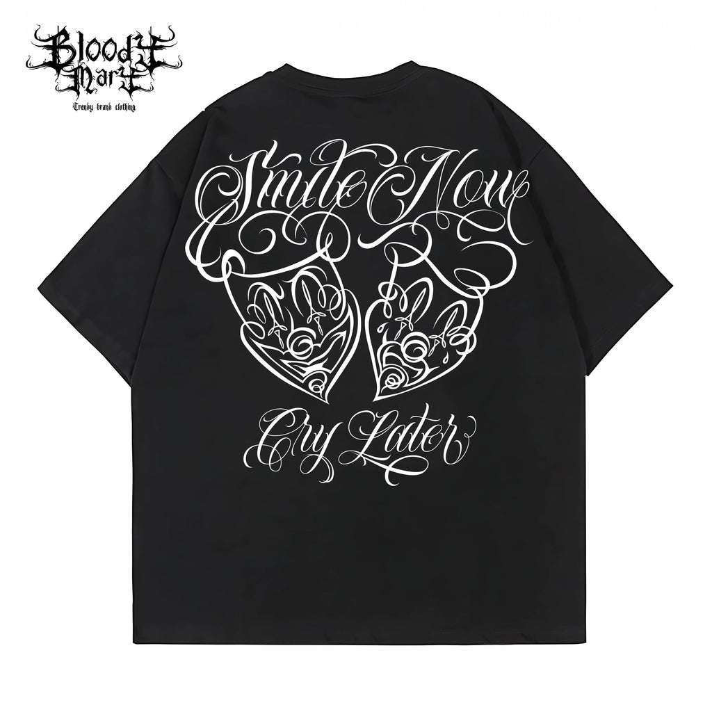 Round neck trendy brand American street flower font short sleeved men's and women's loose cotton heavyweight niche hip-hop clown T-shirt