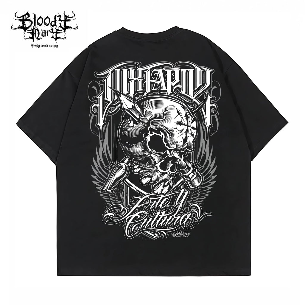 Trendy American street flower font short sleeved loose cotton heavyweight niche hip-hop tattoo artist skeleton T-shirt