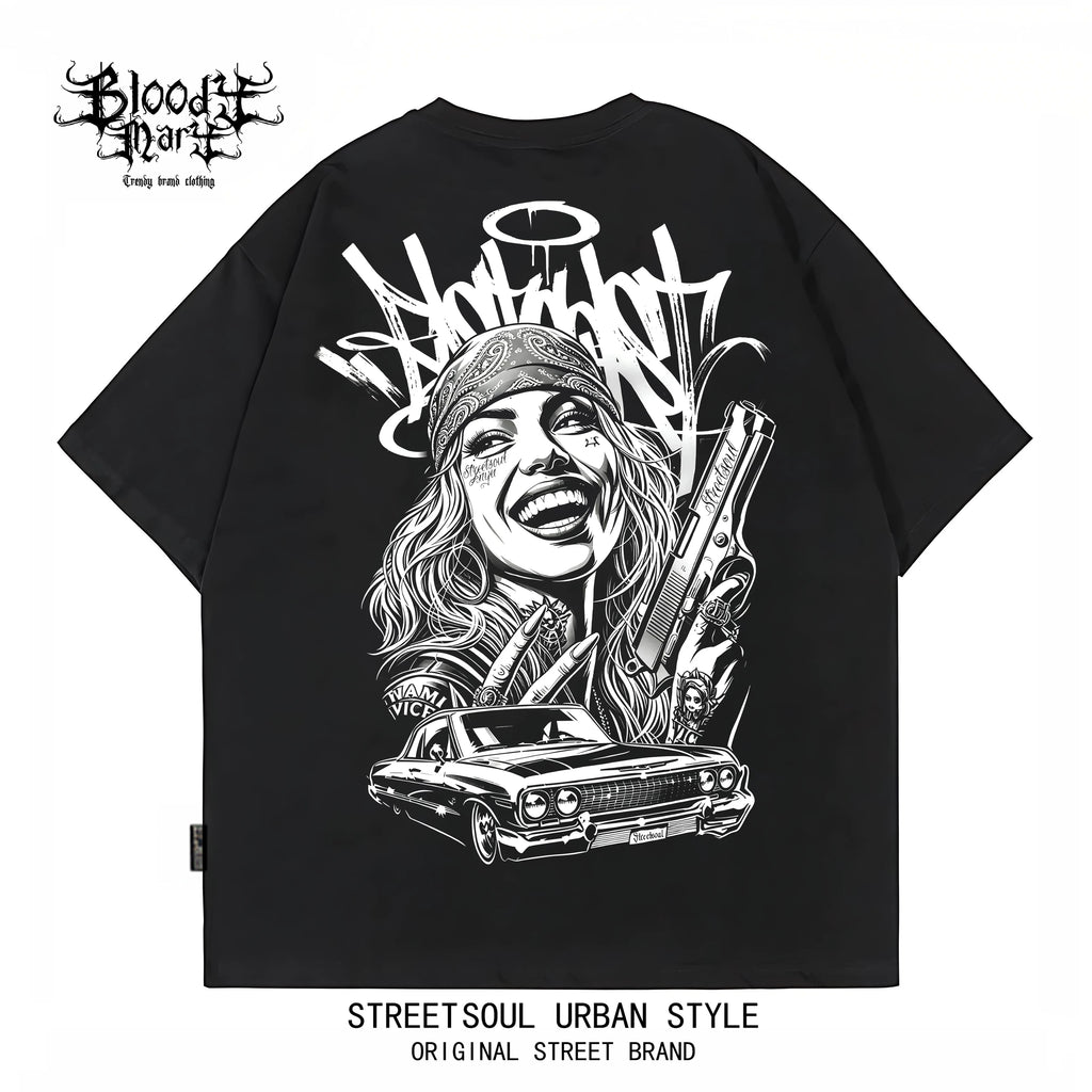 American street dark style printed short sleeved T-shirt for men and women loose couple outfit trendy high street style top