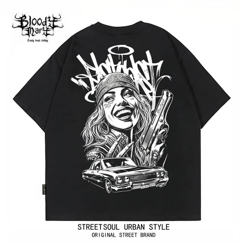 American street dark style printed short sleeved T-shirt for men and women loose couple outfit trendy high street style top