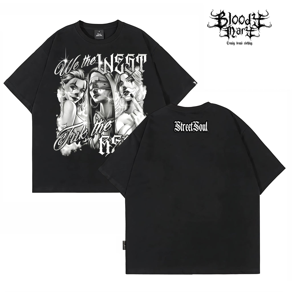 American original trendy brand hip-hop style black short sleeved T-shirt for men and women with heavy letter printing trendy brand gang Chicano