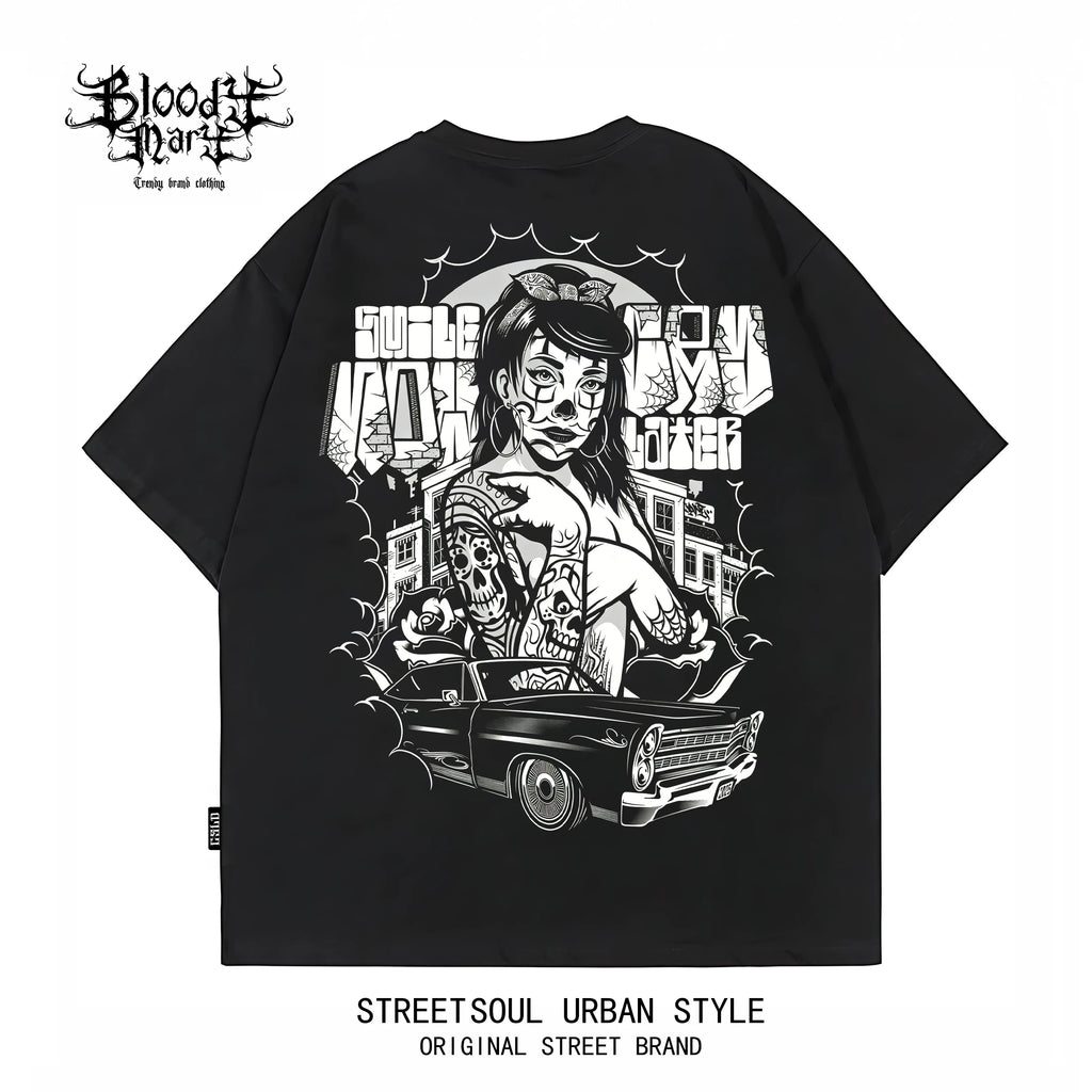 American Hip Hop Chicano Graffiti Flower Font Black Short Sleeve T-shirt Loose Heavy Cotton Rock Versatile Trendy Brand