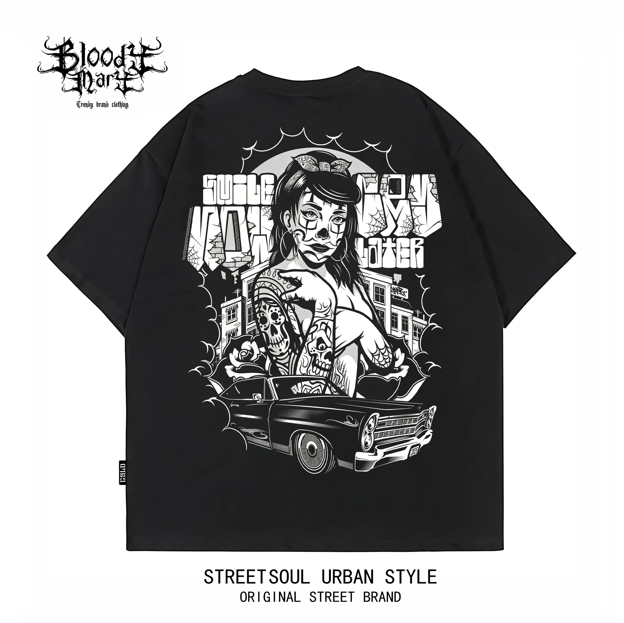 American Hip Hop Chicano Graffiti Flower Font Black Short Sleeve T-shirt Loose Heavy Cotton Rock Versatile Trendy Brand