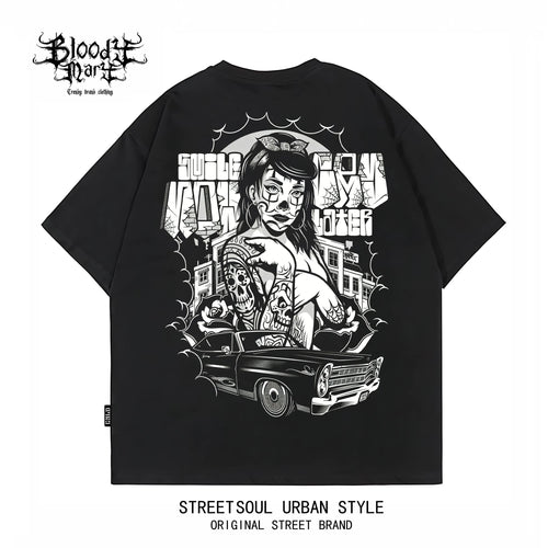 American Hip Hop Chicano Graffiti Flower Font Black Short Sleeve T-shirt Loose Heavy Cotton Rock Versatile Trendy Brand