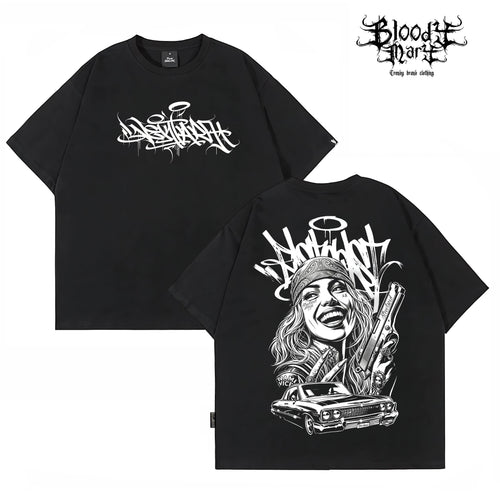 American street dark style printed short sleeved T-shirt for men and women loose couple outfit trendy high street style top