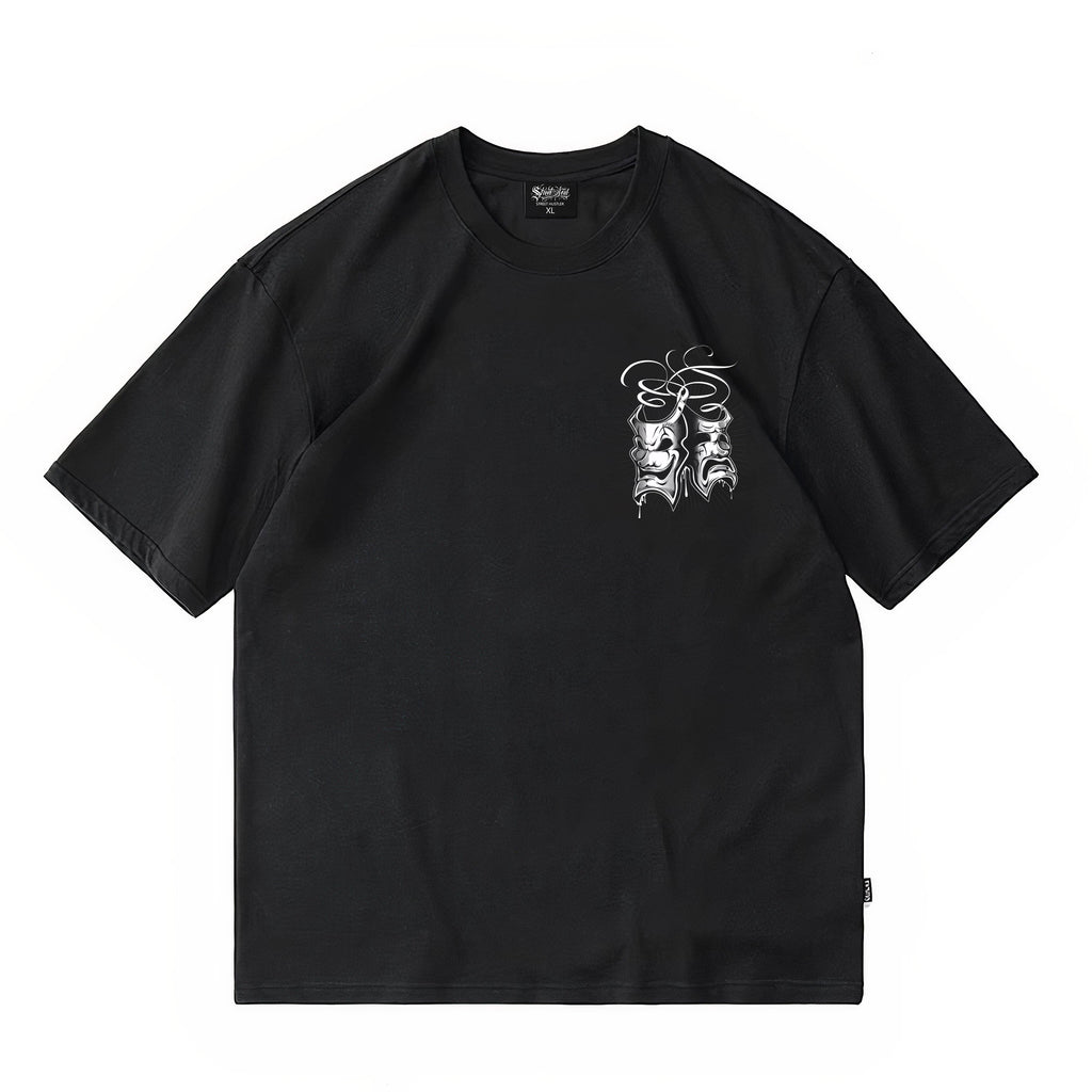 Tattoo Chicano Flower Font Original HIPHOP Hip Hop English Mask Crying Smile American Heavy Weight Loose T-shirt