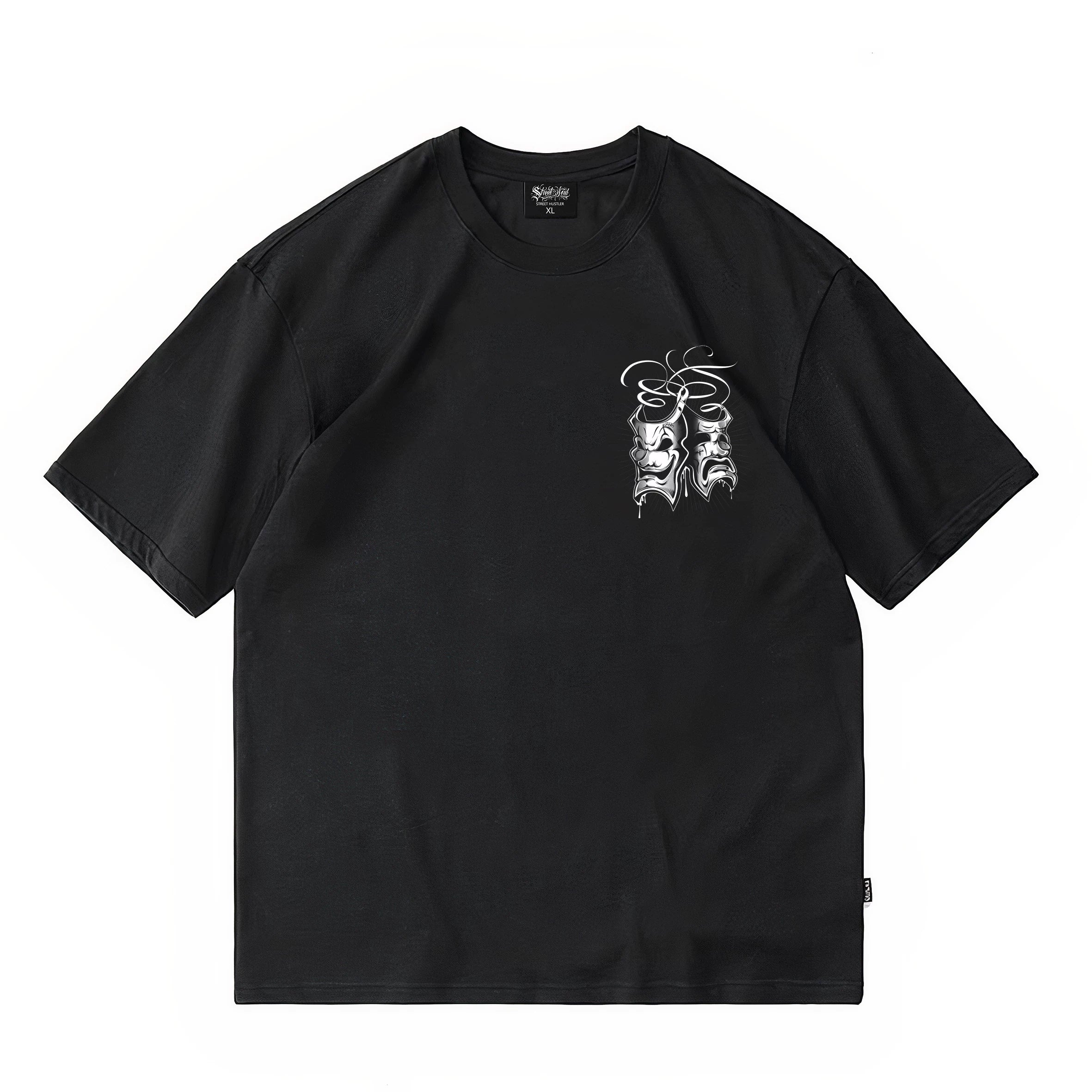 Tattoo Chicano Flower Font Original HIPHOP Hip Hop English Mask Crying Smile American Heavy Weight Loose T-shirt