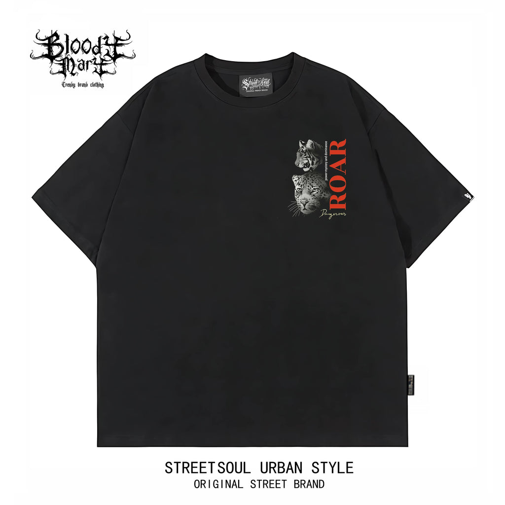 American retro rock style shoulder sleeves short sleeved T-shirt for men and women loose oversized animal print heavyweight pure cotton