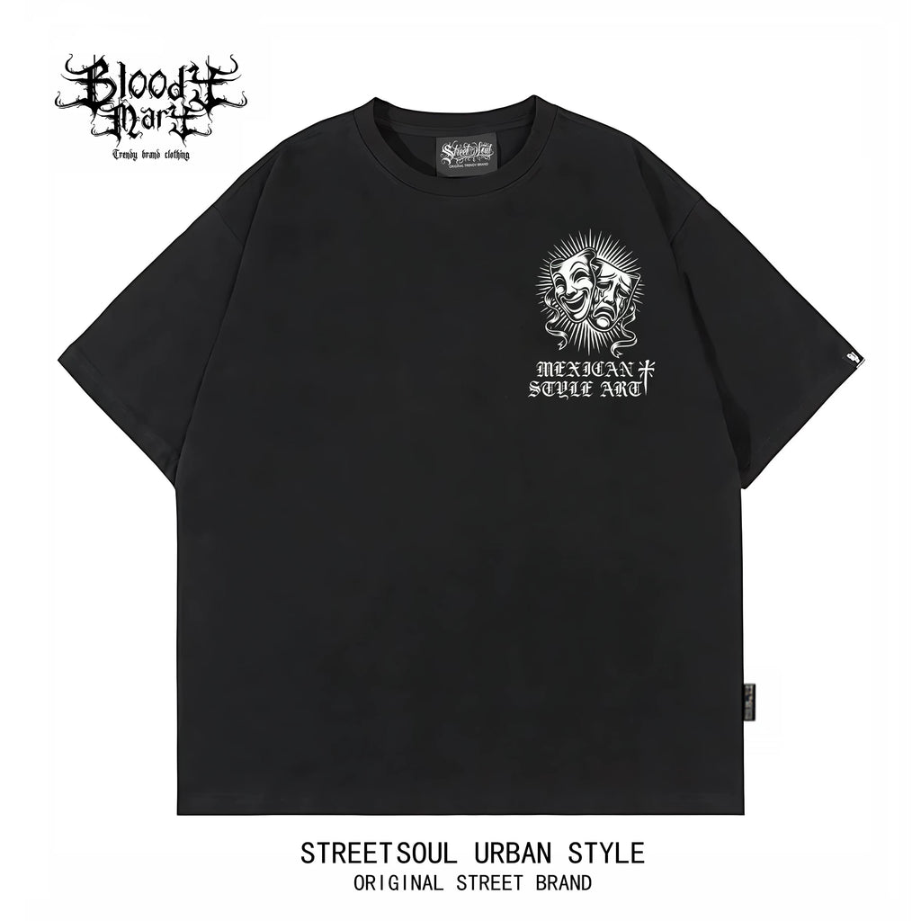 Chicano West Coast Flower Font Black Short sleeved T-shirt Men's Heavy Weight Cotton Loose High Street Print