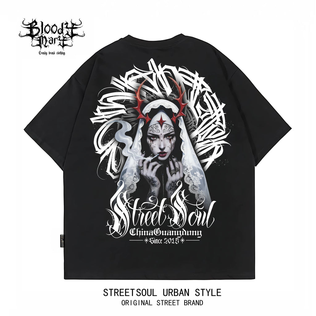 Original Trendy Brand American West Coast Hip Hop Style Black Short sleeved T-shirt Men's Loose Shoulder Printed Top Trendy Brand