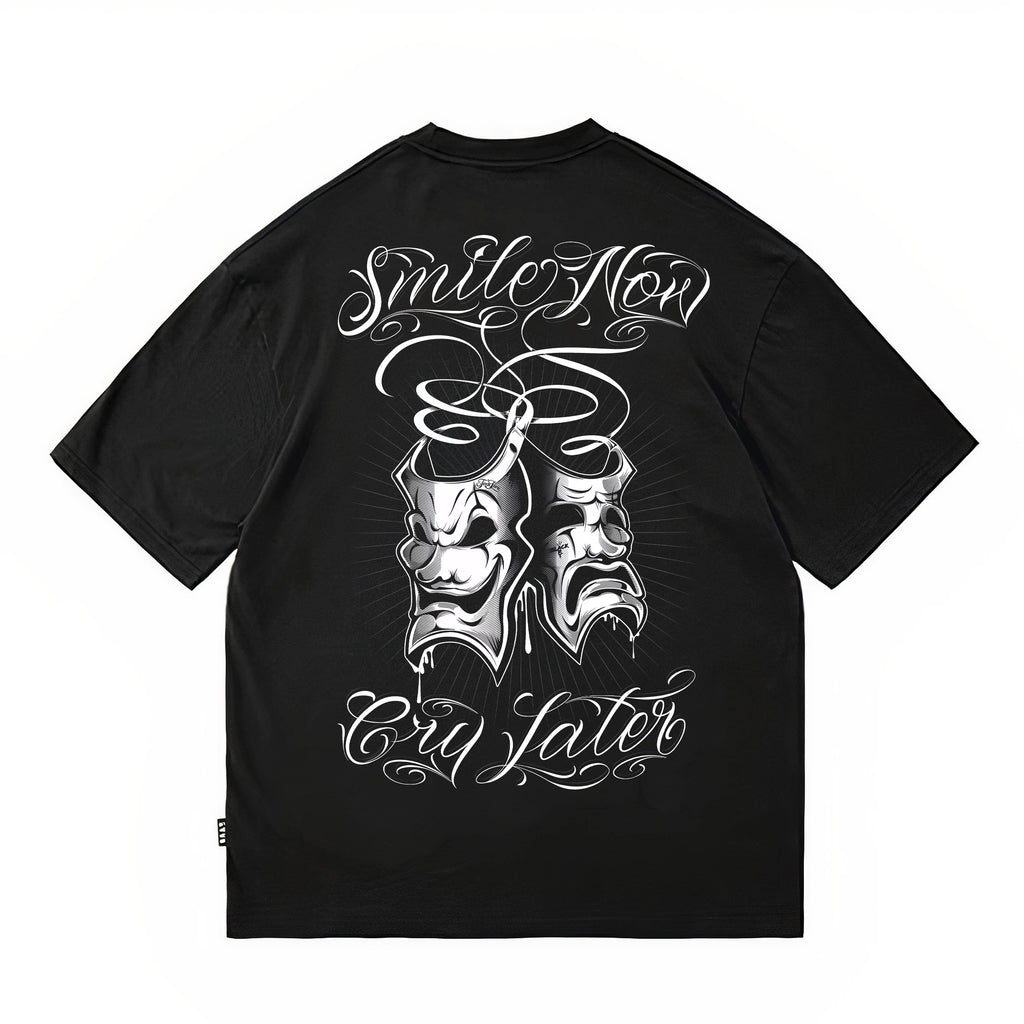 Tattoo Chicano Flower Font Original HIPHOP Hip Hop English Mask Crying Smile American Heavy Weight Loose T-shirt