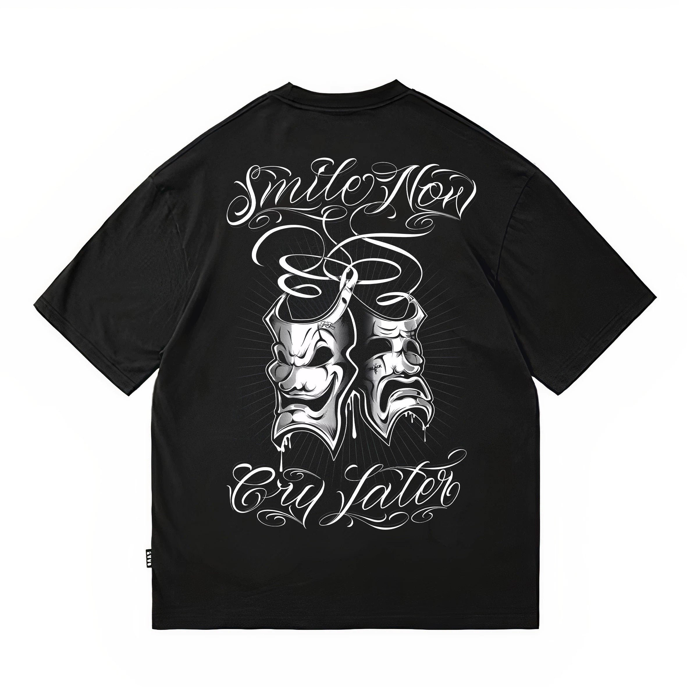 Tattoo Chicano Flower Font Original HIPHOP Hip Hop English Mask Crying Smile American Heavy Weight Loose T-shirt