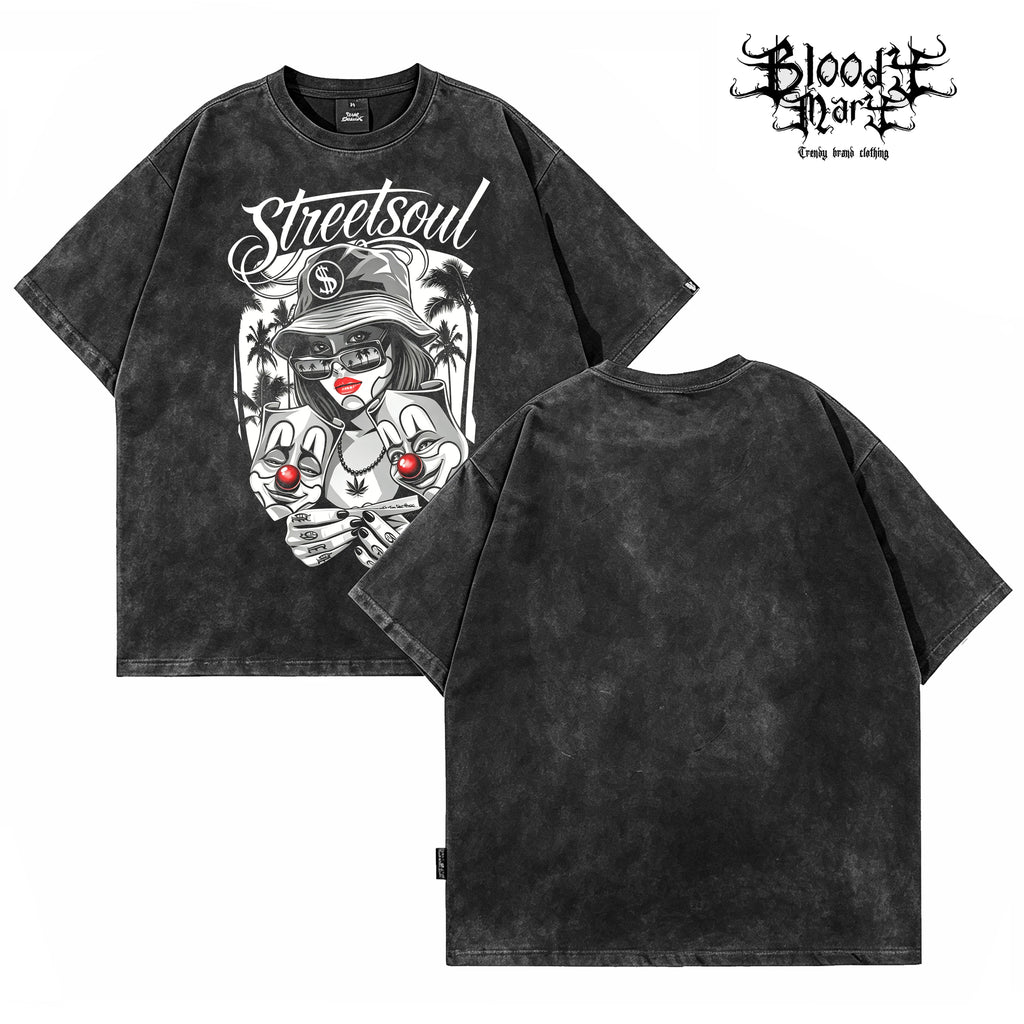 Retro American Street Feng Shui Washed Old Short sleeved T-shirt for Men and Women, Anime Printed Cotton Versatile Top, Trendy Style