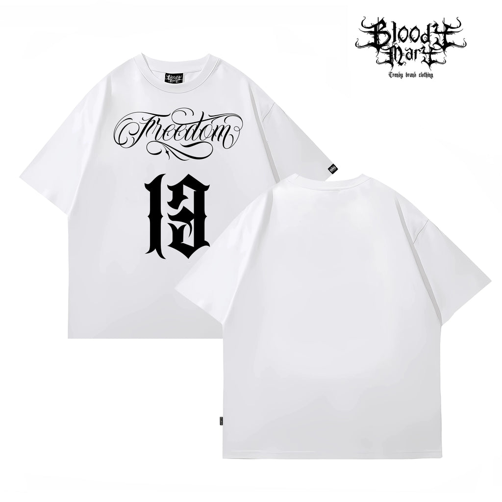 Street casual style black short sleeved T-shirt men's Chicano print loose cotton round neck floral font bandit top