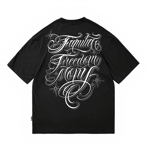 American hip-hop style floral font short sleeved T-shirt with loose shoulder sleeves for men and women, pure cotton trendy brand black tattoo artist top