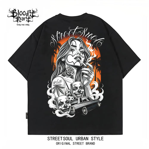 American hip-hop Chicano ins style printed short sleeved T-shirt for men and women loose black trendy brand versatile summer new item