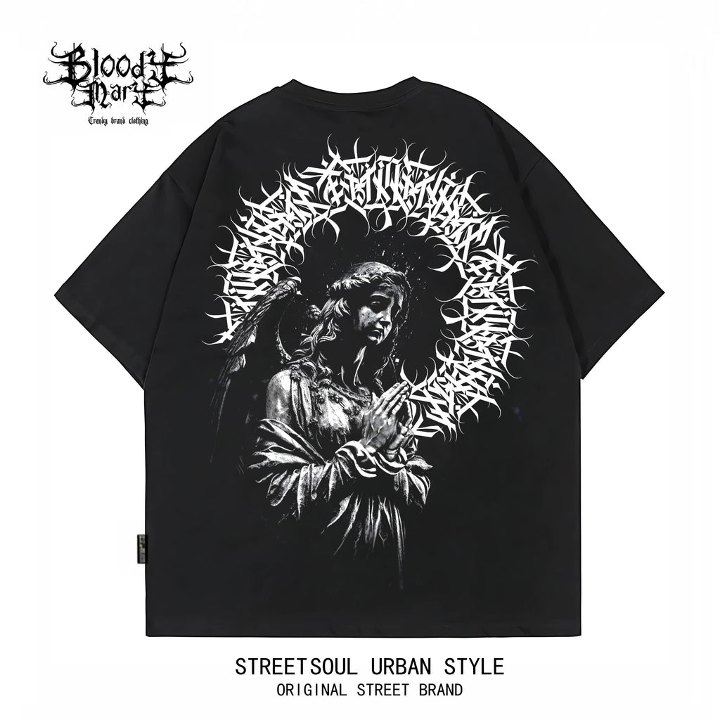 American West Coast floral font hip-hop style black short sleeved T-shirt men's dark style printed heavyweight pure cotton trendy brand