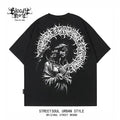 American West Coast floral font hip-hop style black short sleeved T-shirt men's dark style printed heavyweight pure cotton trendy brand