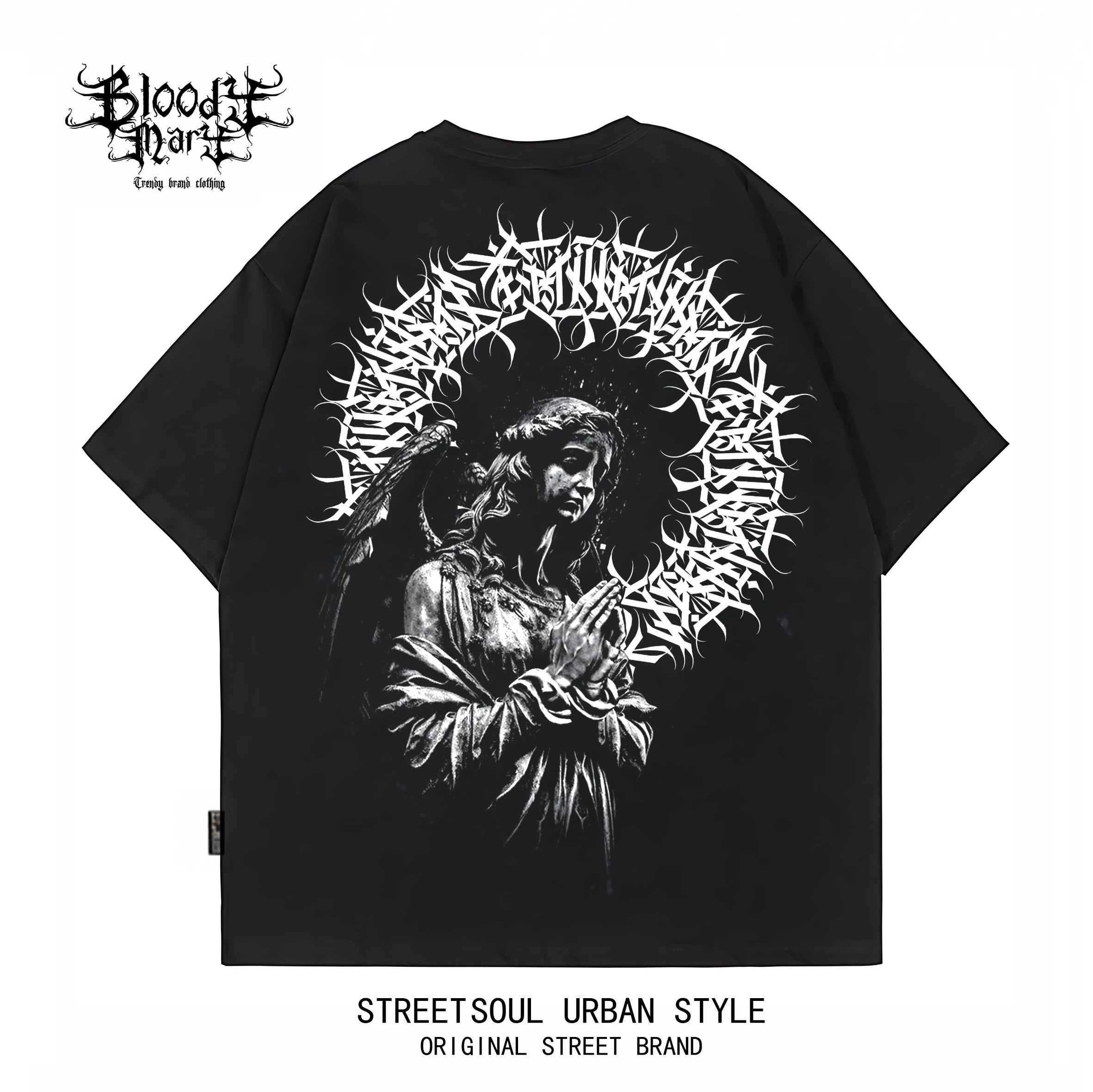 American West Coast floral font hip-hop style black short sleeved T-shirt men's dark style printed heavyweight pure cotton trendy brand