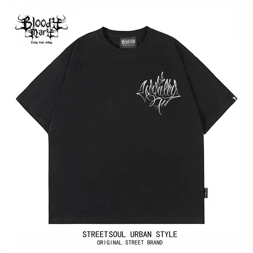 American Trendy Brand Flower Font West Coast Hip Hop Black Short sleeved T-shirt Loose Cotton Heavy duty Letter Printed Trendy Brand