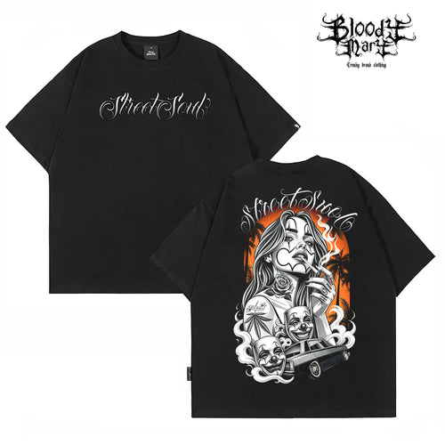 American hip-hop Chicano ins style printed short sleeved T-shirt for men and women loose black trendy brand versatile summer new item