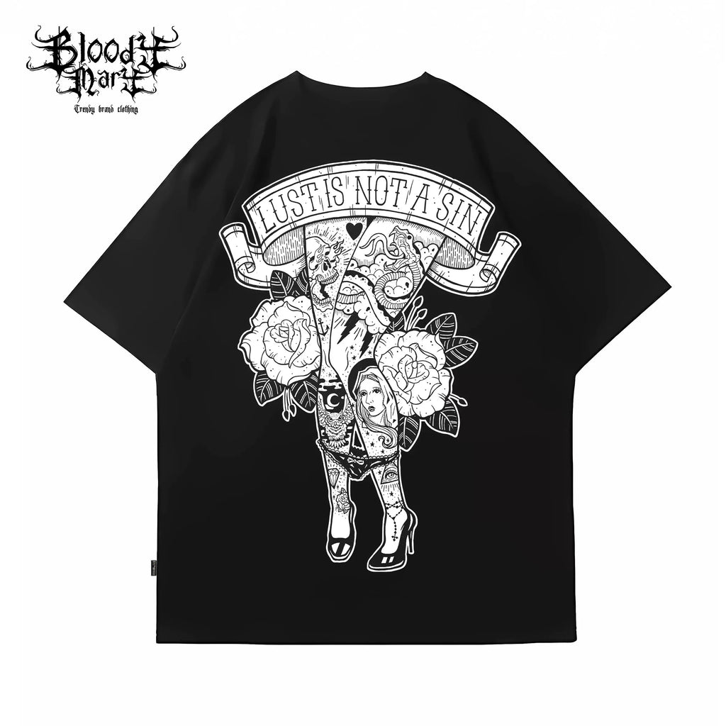 American retro street flower font short sleeved men's and women's loose cotton heavyweight niche hip-hop tattoo artist T-shirt dark