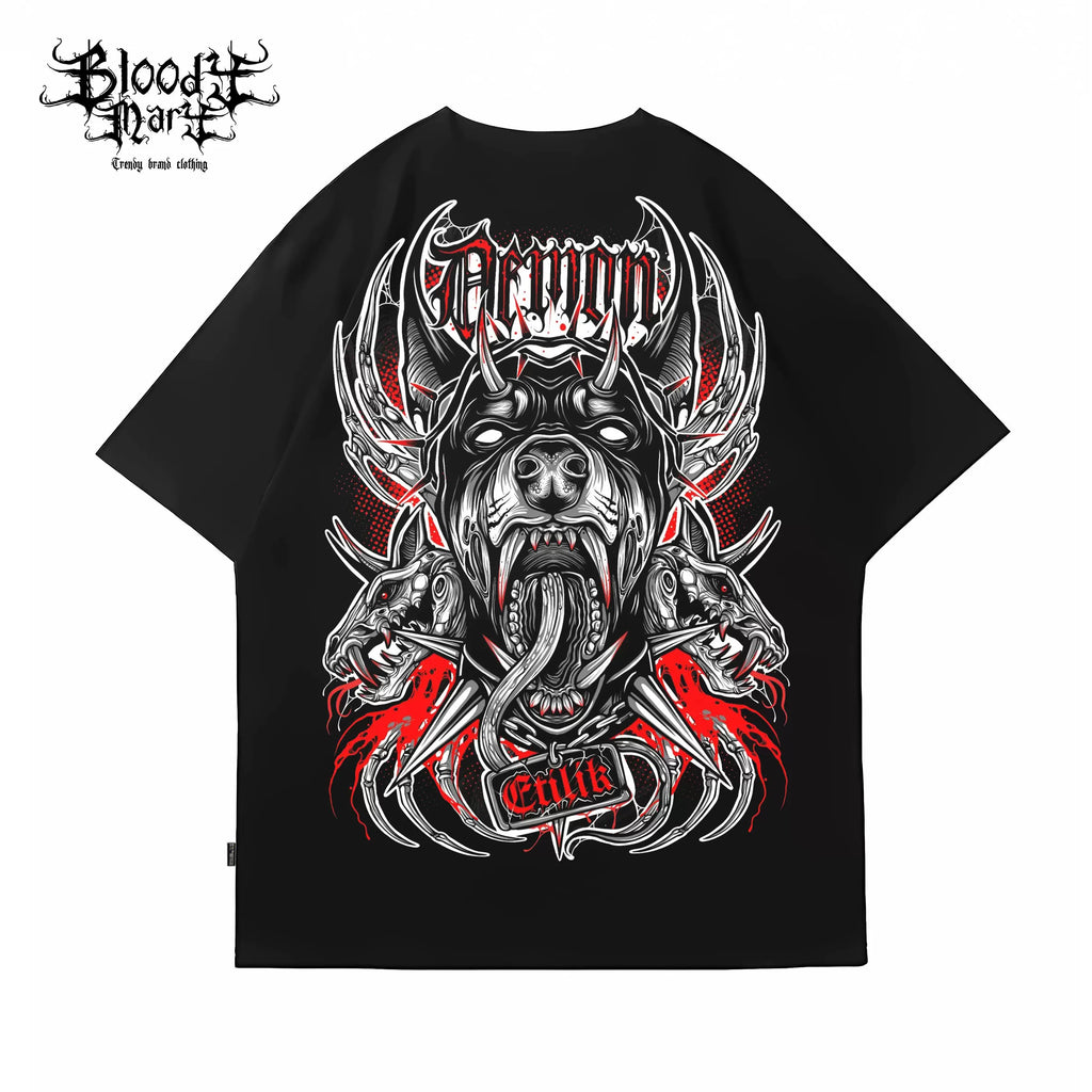 Original Trendy Brand American Street Devil Flower Font Short Sleeve Men's and Women's Loose Cotton Heavy Weight Niche Hip Hop T-shirt