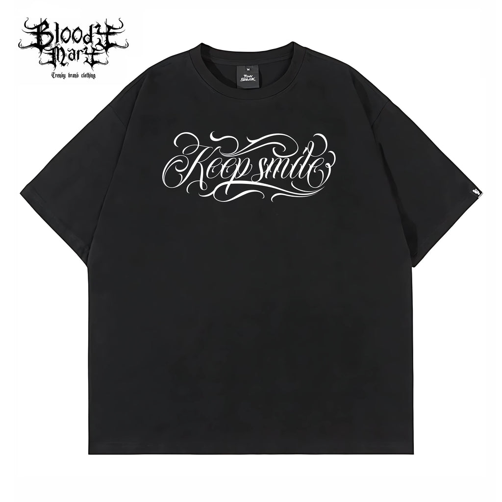 Round neck trendy brand American street flower font short sleeved men's and women's loose cotton heavyweight niche hip-hop clown T-shirt