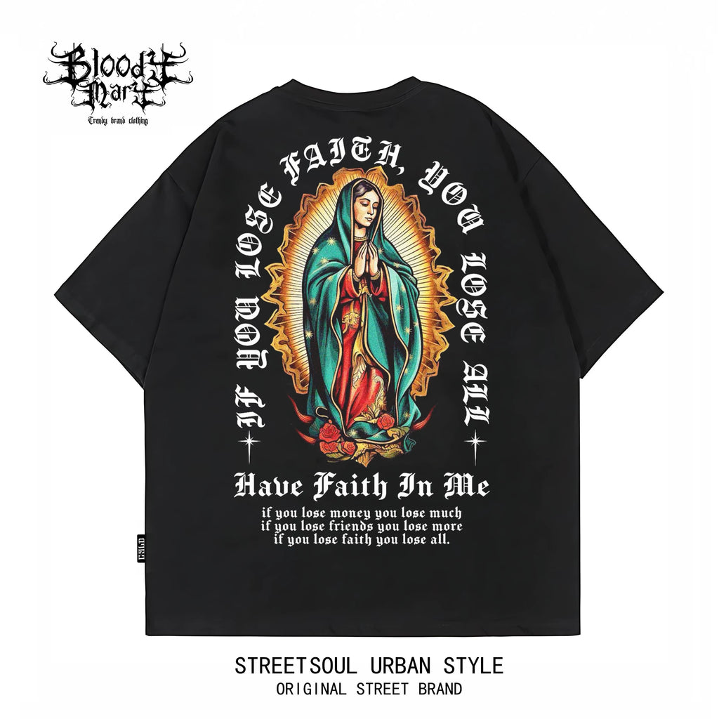 Original Trendy American West Coast Chicano Flower Font Street Head Wind Heavy Cotton Short Sleeve Loose Printed T-shirt