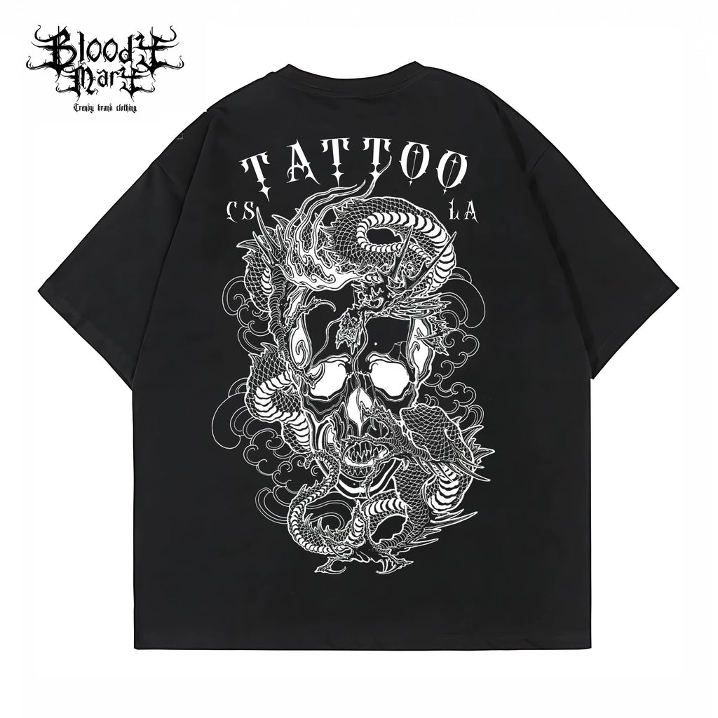 American traditional dragon street flower font short sleeved loose cotton heavyweight niche hip-hop tattoo artist trendy T-shirt