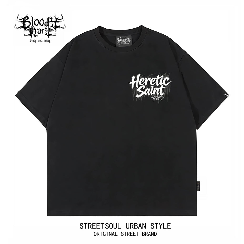 American street flower font black short sleeved T-shirt for couples, printed pure cotton rock style personalized top