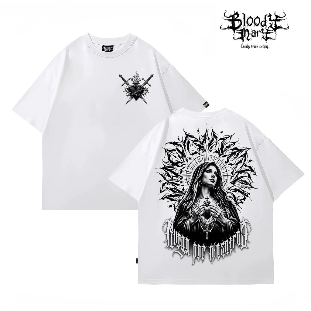 Original Trendy Black Short sleeved T-shirt for Men and Women, Loose Shoulder Printed Top, Dark Chicano Flower Font Ins Style
