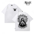 Original Trendy Black Short sleeved T-shirt for Men and Women, Loose Shoulder Printed Top, Dark Chicano Flower Font Ins Style
