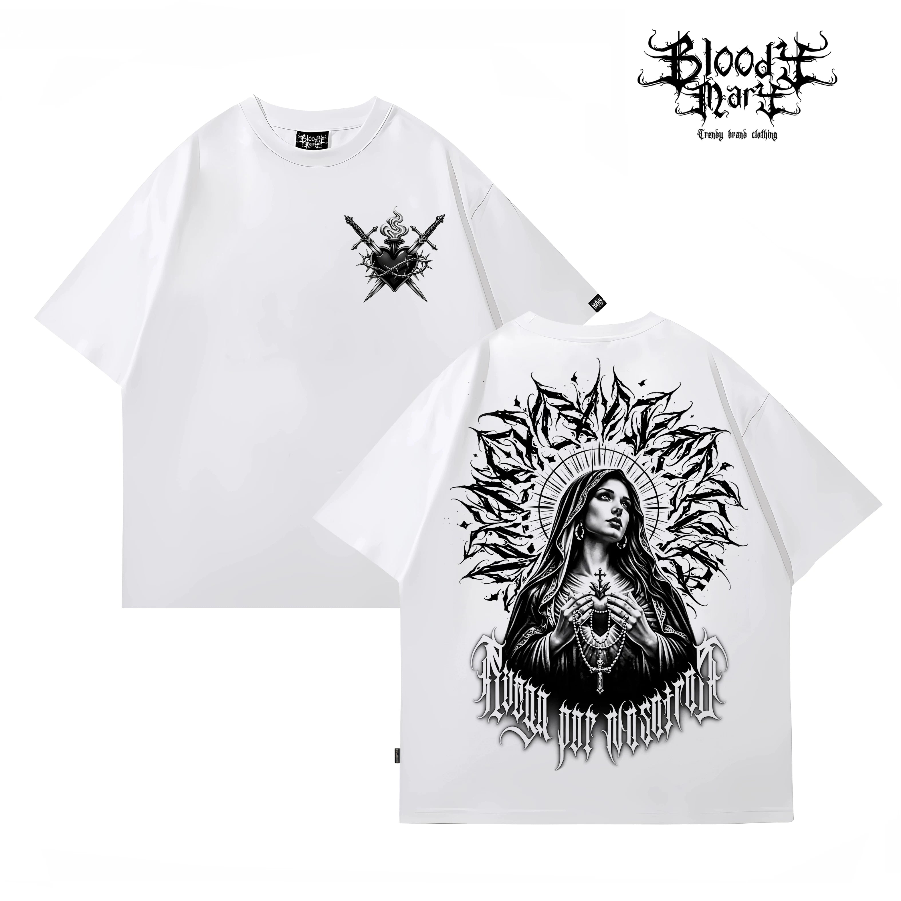 Original Trendy Black Short sleeved T-shirt for Men and Women, Loose Shoulder Printed Top, Dark Chicano Flower Font Ins Style