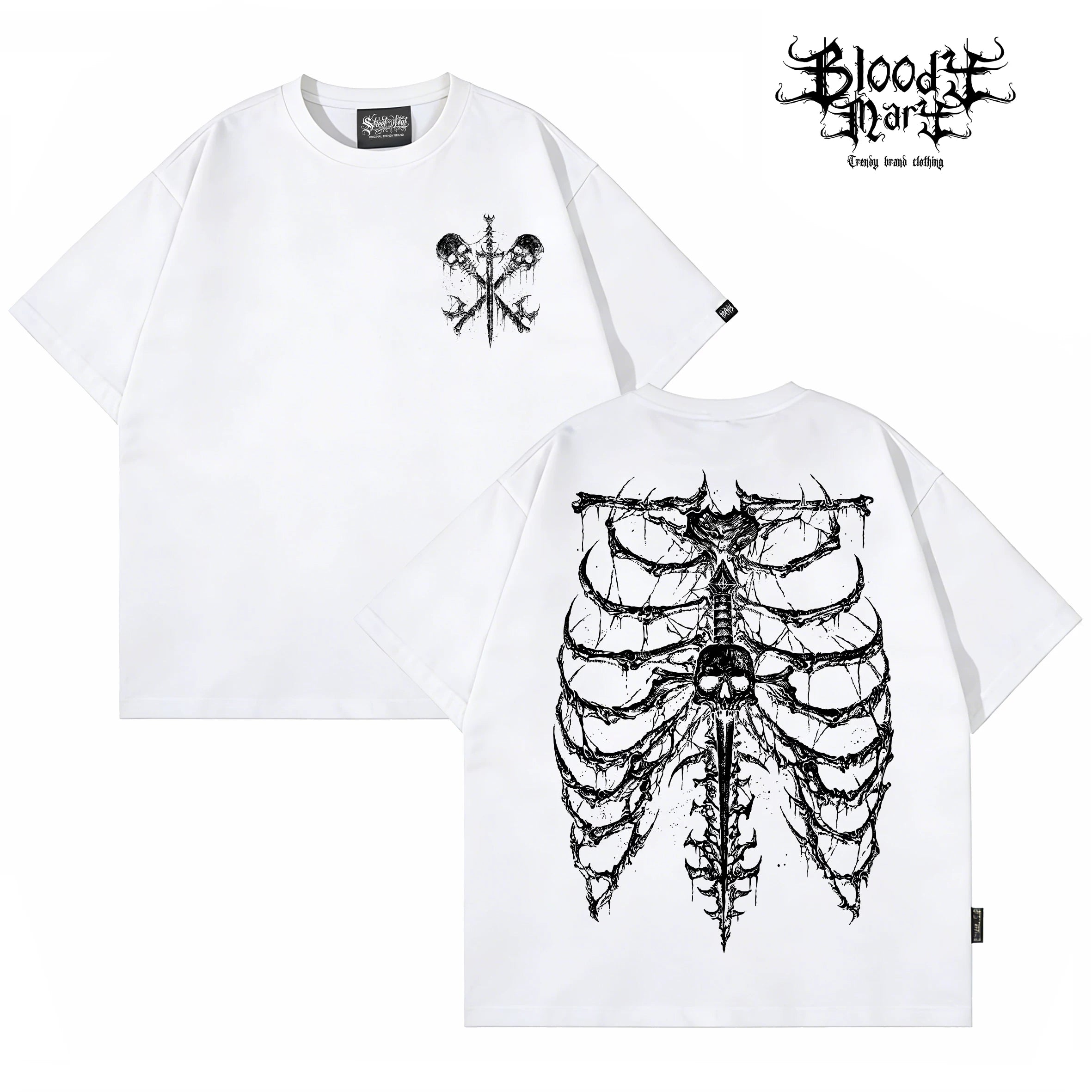 Trendy brand dark high street skeleton printed short sleeved T-shirt for men and women, black pure cotton Gothic style top, street style