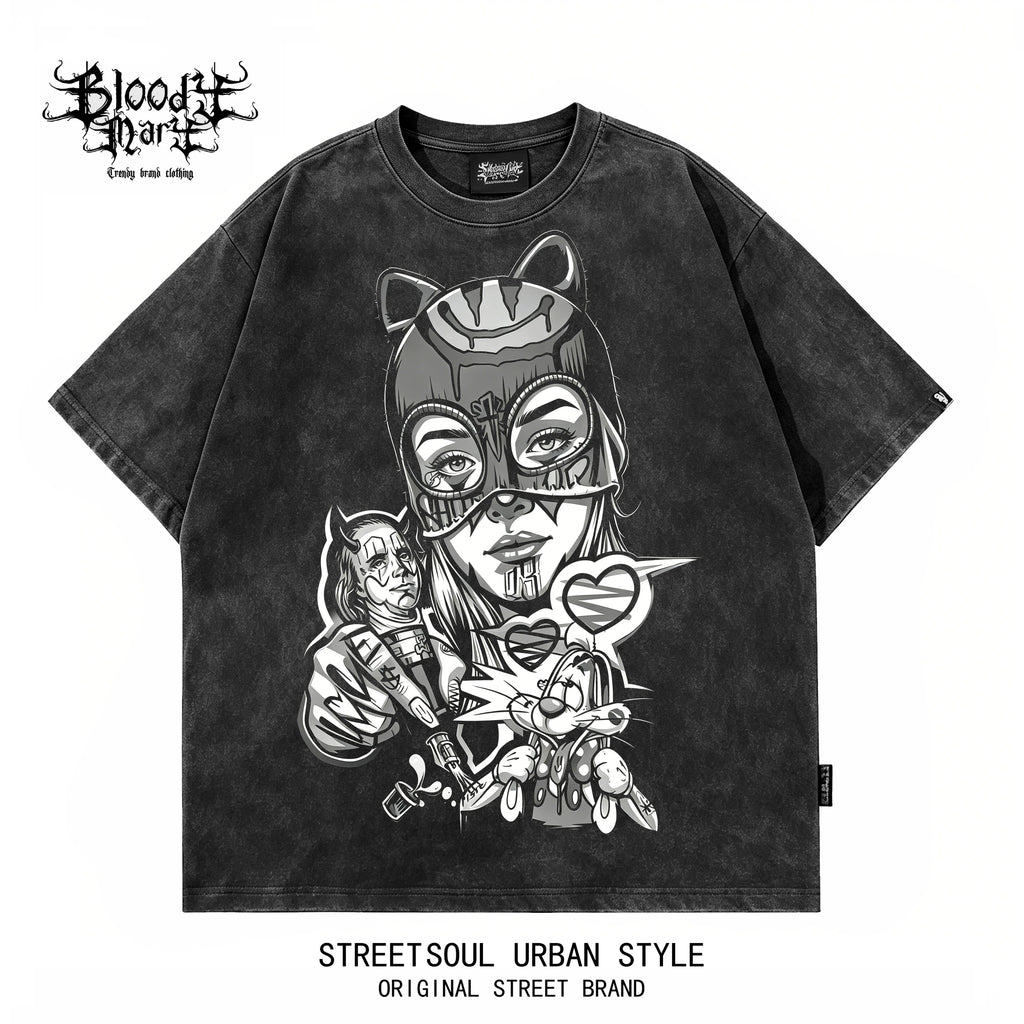 American street dark style anime printed short sleeved T-shirt for men, loose fitting, washed, vintage, trendy brand top