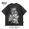 American street dark style anime printed short sleeved T-shirt for men, loose fitting, washed, vintage, trendy brand top
