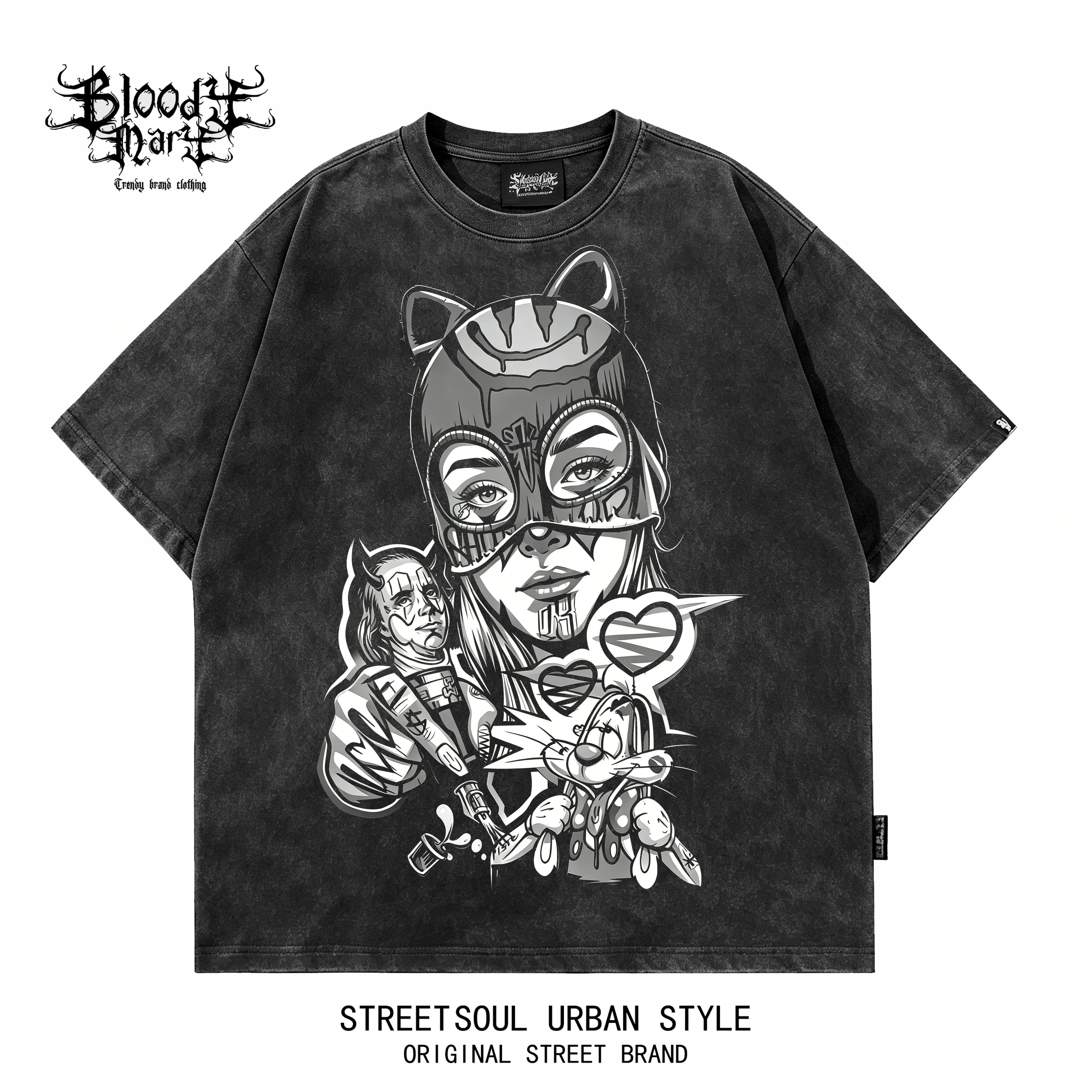 American street dark style anime printed short sleeved T-shirt for men, loose fitting, washed, vintage, trendy brand top
