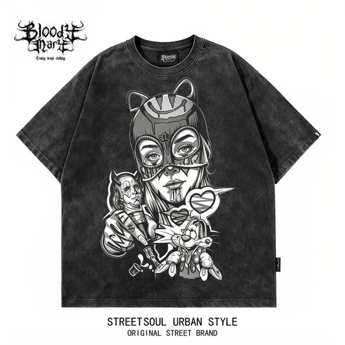 American street dark style anime printed short sleeved T-shirt for men, loose fitting, washed, vintage, trendy brand top
