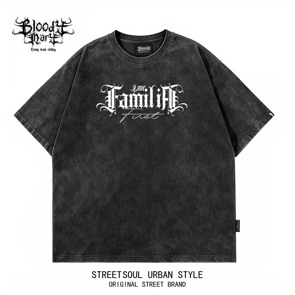 American hip-hop style black short sleeved T-shirt men's dark style prayer hand print heavyweight pure cotton loose top