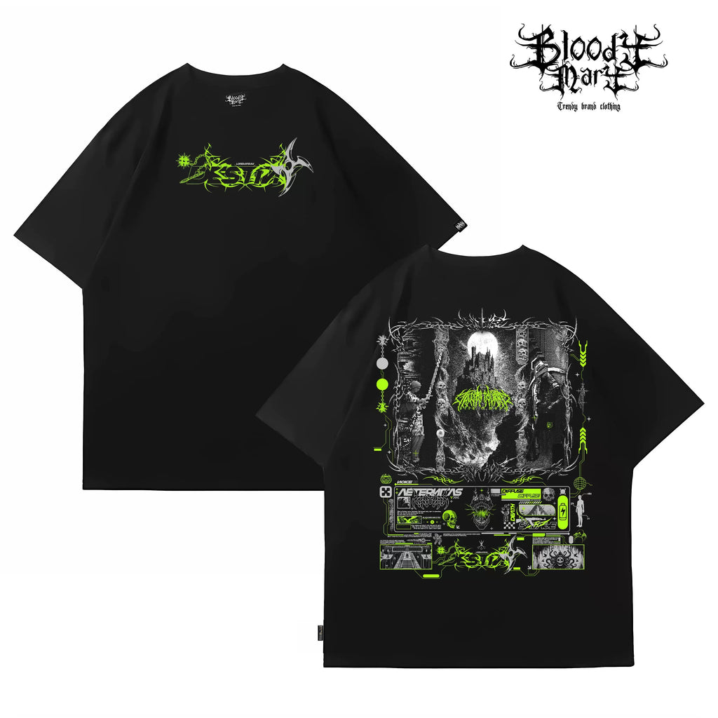 Trendy American floral font short sleeved men's and women's loose dark pure cotton heavyweight tattoo artist T-shirt