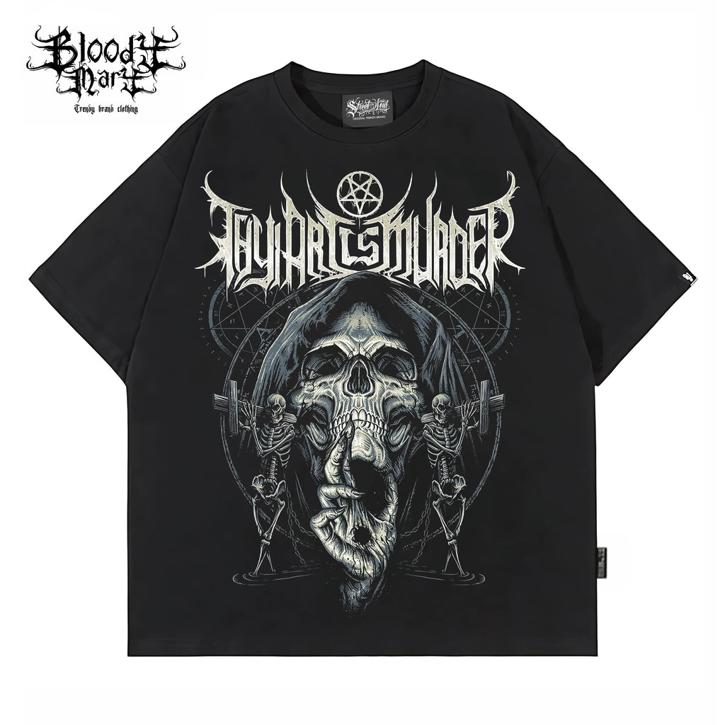 Original trendy retro rock style skull print short sleeved T-shirt black rock band top unisex
